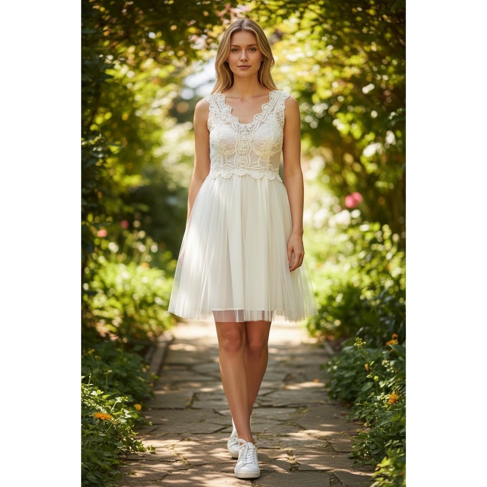 SURE Ivory Lace Tulle Fit Flare Dress‎ Pearl Accents Boho Bridal  Medium
